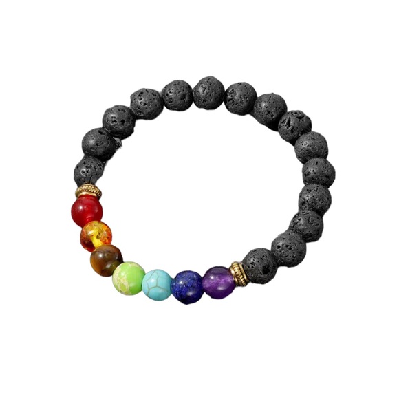 Natural Black Stone with Colorful Chakra Beads Bracelet - Picture 4 of 6